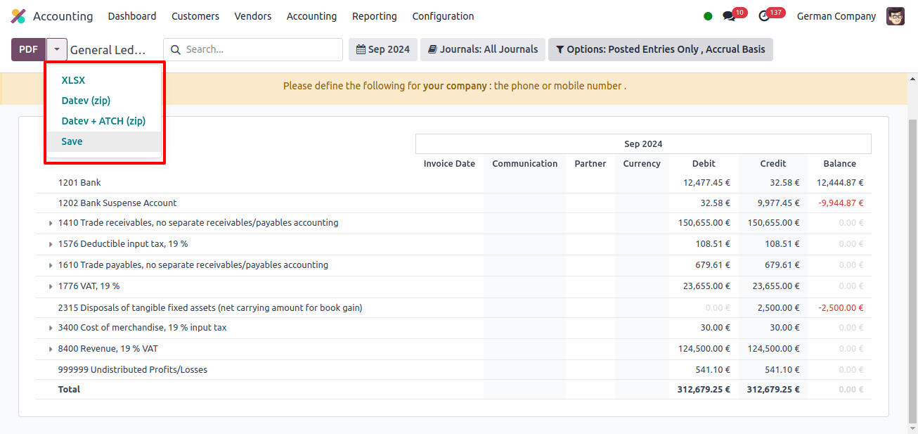 the General Ledger sub-menu