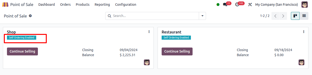 The visibility of the self-ordering feature on the POS dashboard