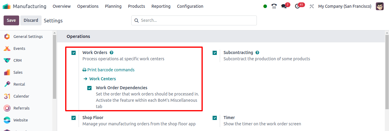 Work Order Dependencies Settings